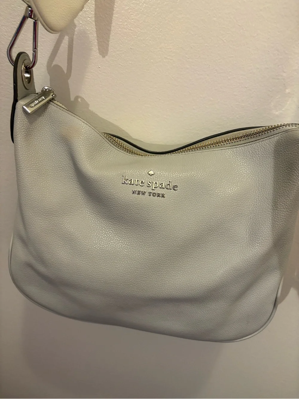 kate spade Pale Gray Pebbled Leather Shoulder Bag with Striped Strap